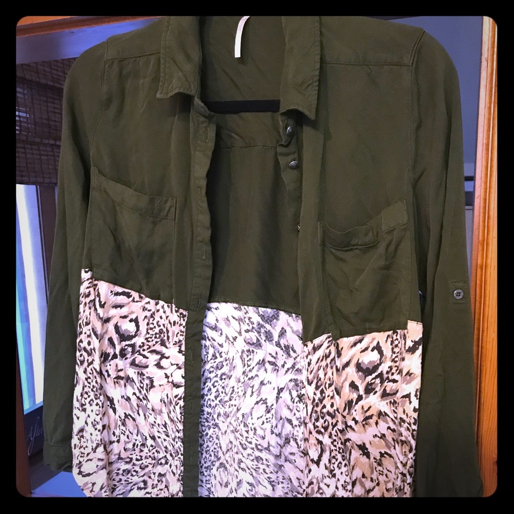 Free People Green & Leopard Button Down